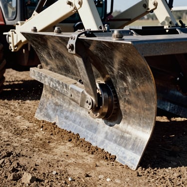 Detailed shot of a motor grader moldboard blade cutting through dirt, technical framing