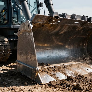 Close-up of a steel dozer blade pushing dark earth, realistic dust and high-contrast lighting