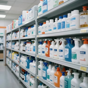 An organized warehouse of industrial sanitation supplies, clean steel shelves, bright clinical lighting