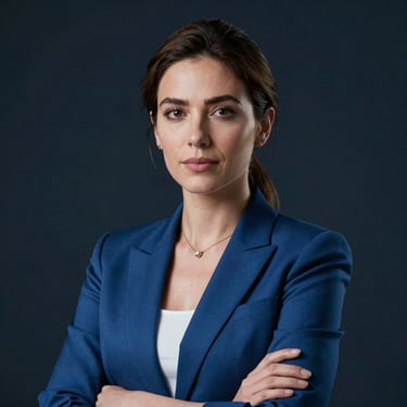 A professional portrait of a female engineer in a steel blue blazer. She looks confident and approachable, set against a dark navy background.