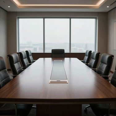 Quiet environmental shot of an empty, high-end private boardroom, dark wood table, soft window light