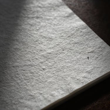 Macro close-up of heavy-weight cotton paper with blind debossing, low-key lighting, deep shadows