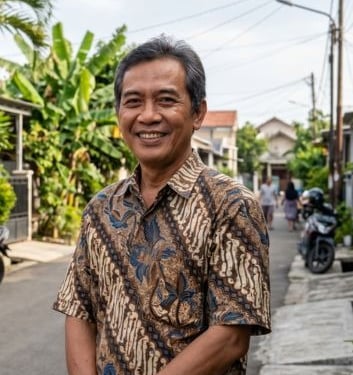 A smiling middle-aged Indonesian man wearing a traditional batik shirt on a neighborhood street.