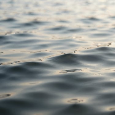 Macro shot of gentle ripples in clean water, soft focus, morning light reflecting on the surface, peaceful and serene.
