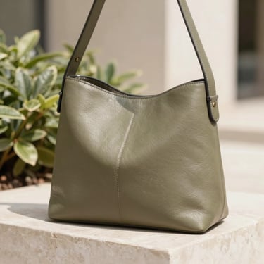 Candid street-style close-up of a structured olive green leather shoulder bag, soft natural sunlight, warm-neutral tones