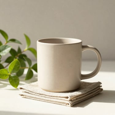 Sleek minimalist beige ceramic mug sitting on a stack of linen coasters next to a small green plant, warm sunlight