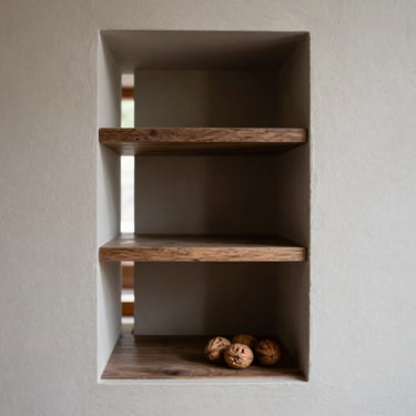 Close-up of a walnut built-in shelving unit — recessed into a plaster wall, shadow gap revealing the depth of the reveal, side-lit by a narrow window, empty shelves