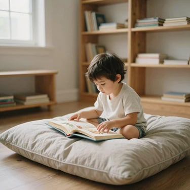A child reading a picture book on large floor cushions, soft-edged wooden shelves in the background, indirect morning light.