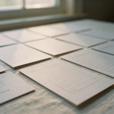 Close-up of printed morning rhythm cards arranged on a linen tablecloth, warm golden hour light, soft film grain.