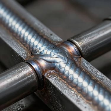 Close-up macro shot of a clean, uniform weld bead on a heavy steel joint, high-contrast industrial lighting highlighting the precise metallic texture.
