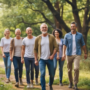Smiling middle-aged man enjoying a group walk in nature