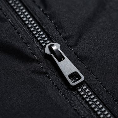 Close-up of matte water-resistant zippers and bonded seams on black fabric, high-contrast chiaroscuro
