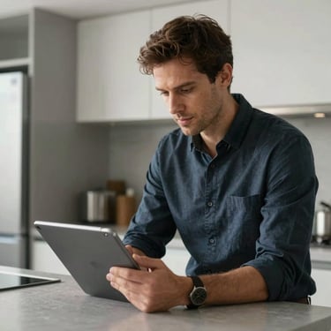 A professional man in a clean, modern kitchen setting, reviewing digital content on a tablet. Sophisticated lighting, European / North American style.