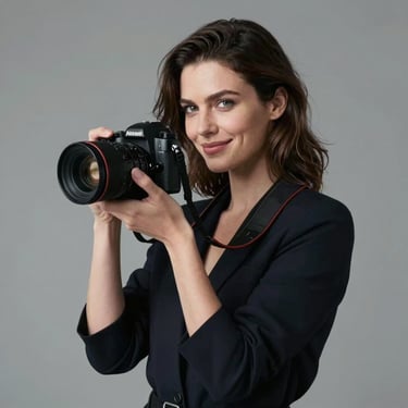 A portrait of a professional woman in a contemporary studio setting, holding a camera and smiling confidently. Sophisticated, minimalist background, European / North American.