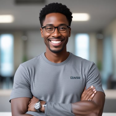 Photo of a confident African man working on a laptop in a bright workspace.