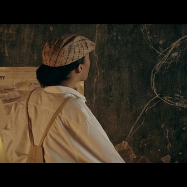 Character studying insect diagram on chalkboard in The Entomologist
