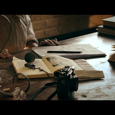 Vintage desk with camera and books from The Entomologist film