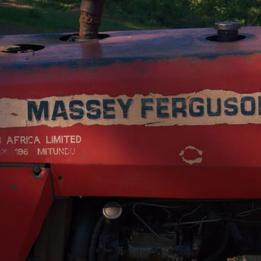 Close-up of a weathered red Massey Ferguson tractor on a rural farm.