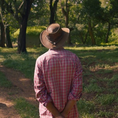 Farmer walking along a dirt path on a green farm with a dog ahead, surrounded by trees.