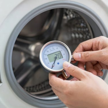 Macro shot of hands using a digital meter to test a washing machine heating element, clean metallic tones, shallow depth of field.