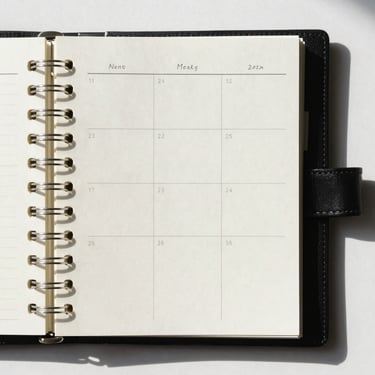 Top-down view of a minimalist desk planner with a clean weekly grid layout, high-contrast hard light, sharp shadows
