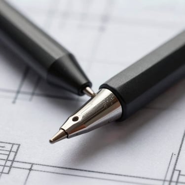 Extreme close-up of a matte black solid steel mechanical pencil resting on a blueprint drawing
