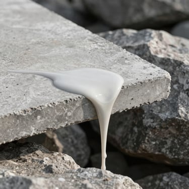 Tight crop of a poured concrete slab suspended over a rocky drop
