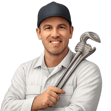 A portrait of a male plumber in a circle, smiling, wearing white work clothes.