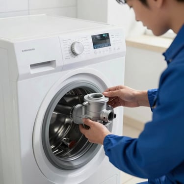 A professional technician in a blue uniform showing a brand new, genuine washing machine drain pump to a customer in a brightly lit room.