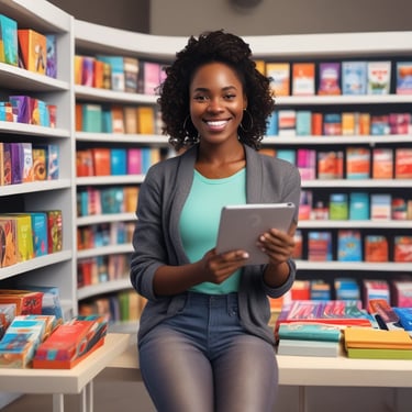 Smiling black woman holding a tablet, browsing an online store with colorful product thumbnails.