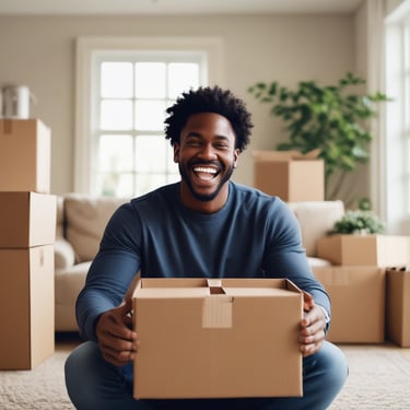 Happy man black unboxing a package with excitement in a cozy living room.