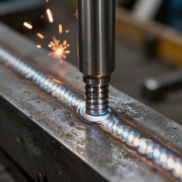 Macro close-up of a high-precision certified metallurgical weld on heavy steel plate, sparks visible in the background, industrial setting.