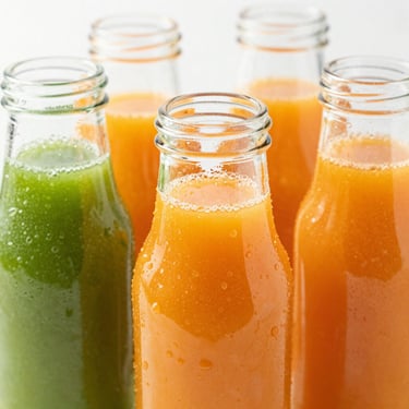 Vibrant orange and green cold-pressed juices in clean glass bottles, condensation on glass, bright high-key background