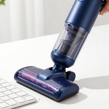 Close-up of a compact portable vacuum cleaner cleaning crumbs from a keyboard, bright natural daylight