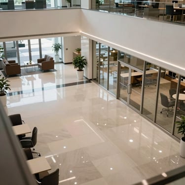 A high-angle shot of a clean commercial lobby, reflecting a professional and trustworthy business atmosphere.