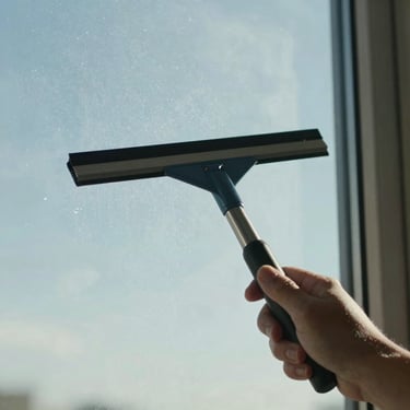 Detailed shot of a window being cleaned with a squeegee, showcasing sparkling clarity and pale sky blue sky reflections.