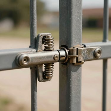 Close-up of a pool fence hinge pair on a gate, showing tension spring and hinge barrel detail, warm natural daylight, tight documentary framing, hardware precision visible