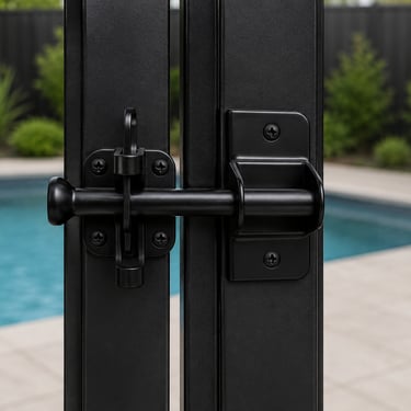 Black steel pool fence latch installed on a child safety gate beside a residential swimming pool.
