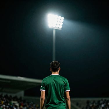 A supporter from behind looking at stadium floodlights, wearing a dark green kit, high-contrast film style.