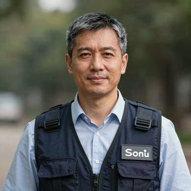 Portrait of a male humanitarian coordinator in his late 40s, outdoor natural lighting, wearing an operational vest, confident and professional expression.