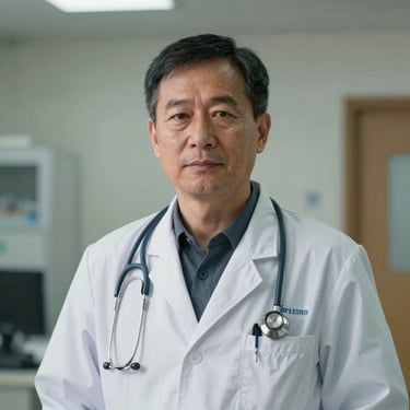 Portrait of a male emergency response doctor in his early 50s, clear indoor lighting, professional medical field worker appearance.