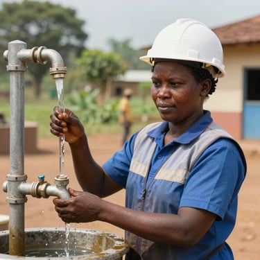 Portrait of a female water and sanitation engineer in her late 30s, natural daylight, working in a rural community water station setting.