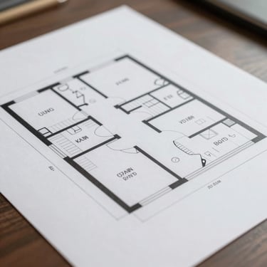 Close-up of a commercial property floor plan printed on white paper on a desk, architectural lines and room labels clearly visible, natural side lighting, clean minimal environment