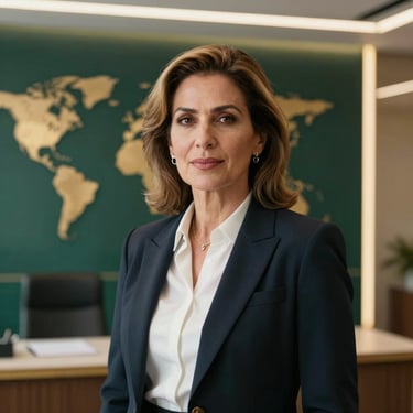 A portrait of a sophisticated female executive with light brown hair in her 50s, wearing professional attire, in a modern Global / Western & GCC Business office with dark green and gold accents.