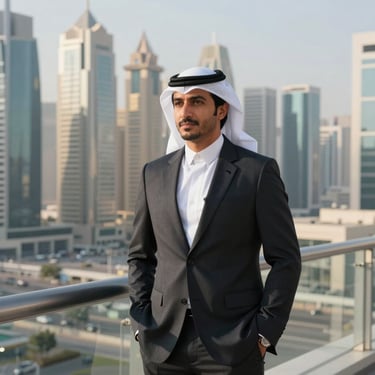 A portrait of a professional male executive in a traditional GCC business outfit, standing on a balcony overlooking a modern Global / Western & GCC Business city skyline.