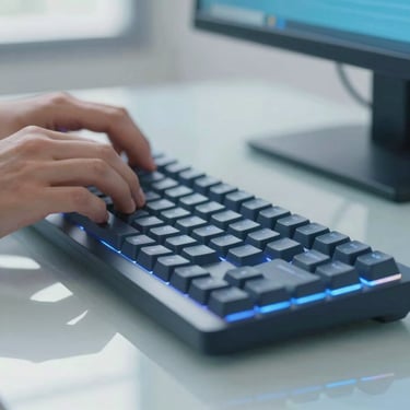 Macro close-up of professional hands typing on a clean mechanical keyboard, soft ambient blue light from a monitor reflecting on glass desk surface, sharp focus, 35mm lens.