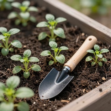 A small raised garden bed with green herb sprouts, child-sized wooden trowels resting on dark soil, soft morning sun, macro shot.