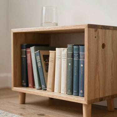 A low, child-height oak bookshelf filled with beautifully bound paper books, soft natural daylight, warm Scandinavian interior, macro shot.