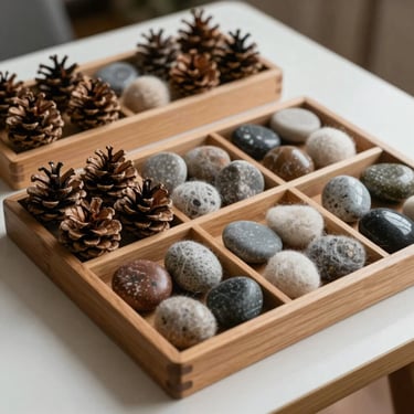 Neatly arranged wooden sorting trays with pinecones, wool felt, and polished stones on a low table, soft side light, macro shot.