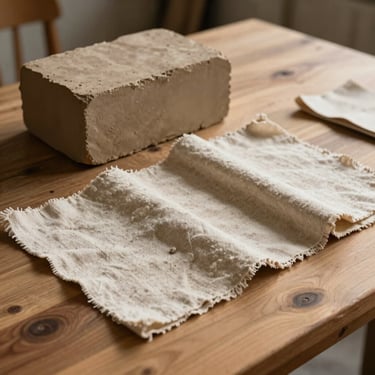 Dried clay block and heavy linen swatches resting on a raw wooden desk, warm side-light.